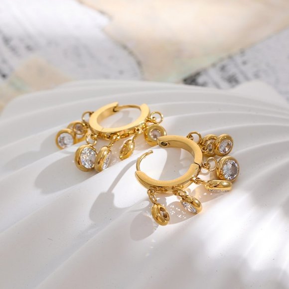 ^NEW 18K Gold Plated Round Diamond Drop Huggie Hoop Earrings - Picture 6 of 9